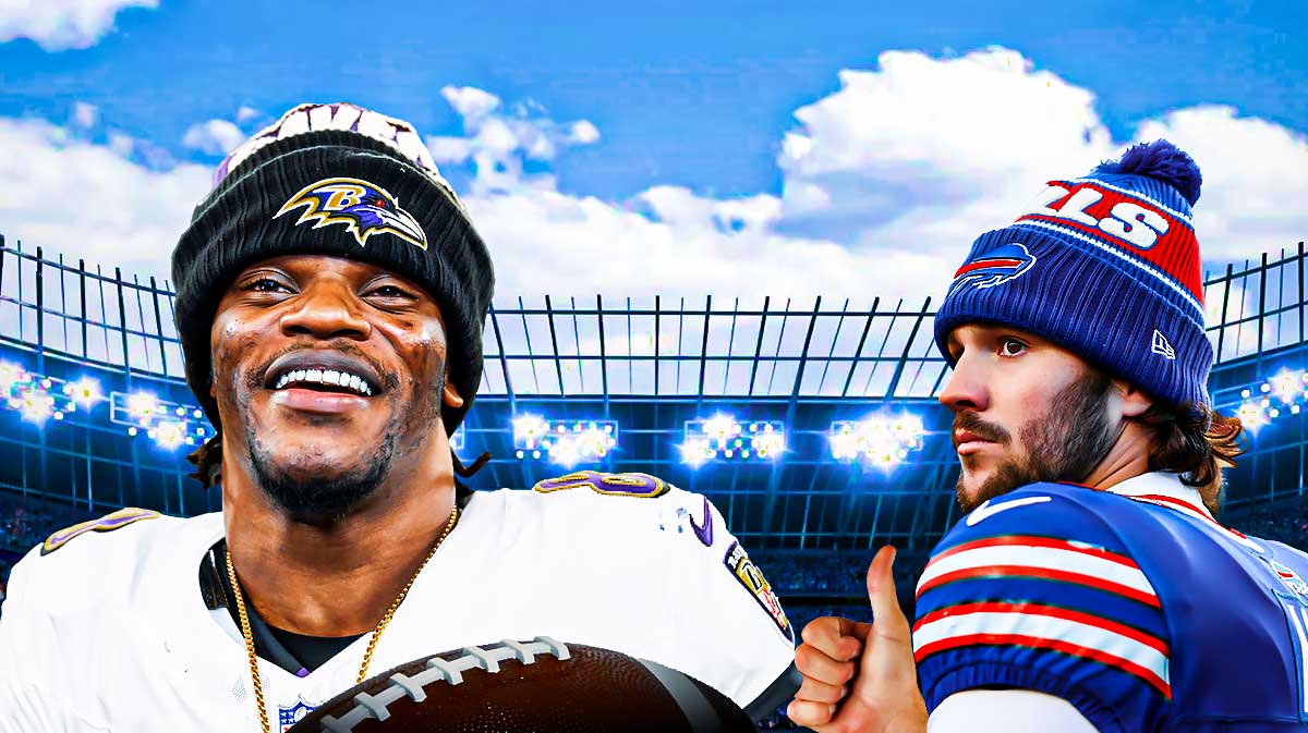 Bills quarterback Josh Allen giving a thumbs up to Ravens quarterback Lamar Jackson, with a background of Highmark Stadium.