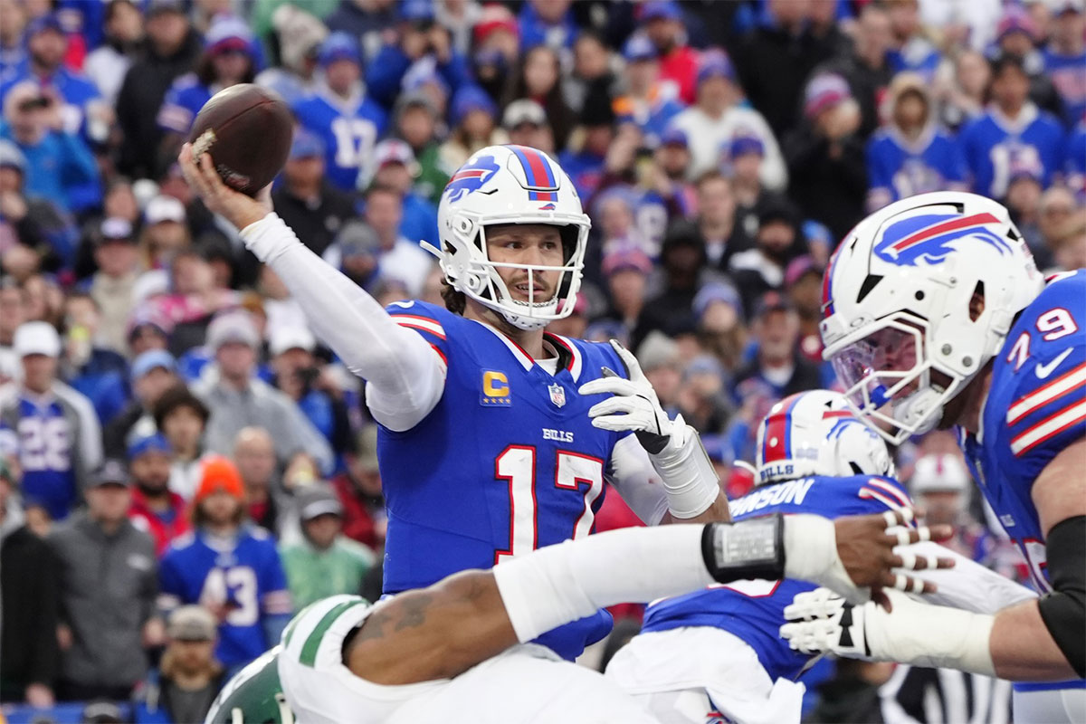 Dec 29, 2024; Orchard Park, New York, USA; Buffalo Bills quarterback Josh Allen (17) throws the ball against the New York Jets during the second half at Highmark Stadium.