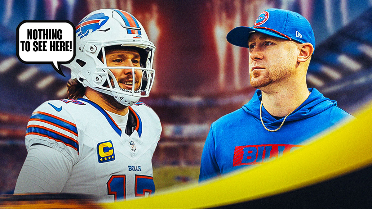 Bills offensive coordinator Joe Brady and Josh Allen in a Buffalo Bills uniform with a word bubble saying: Nothing to see here! as Allen hopes to keep Brady in Buffalo as the team prepares for the playoffs.