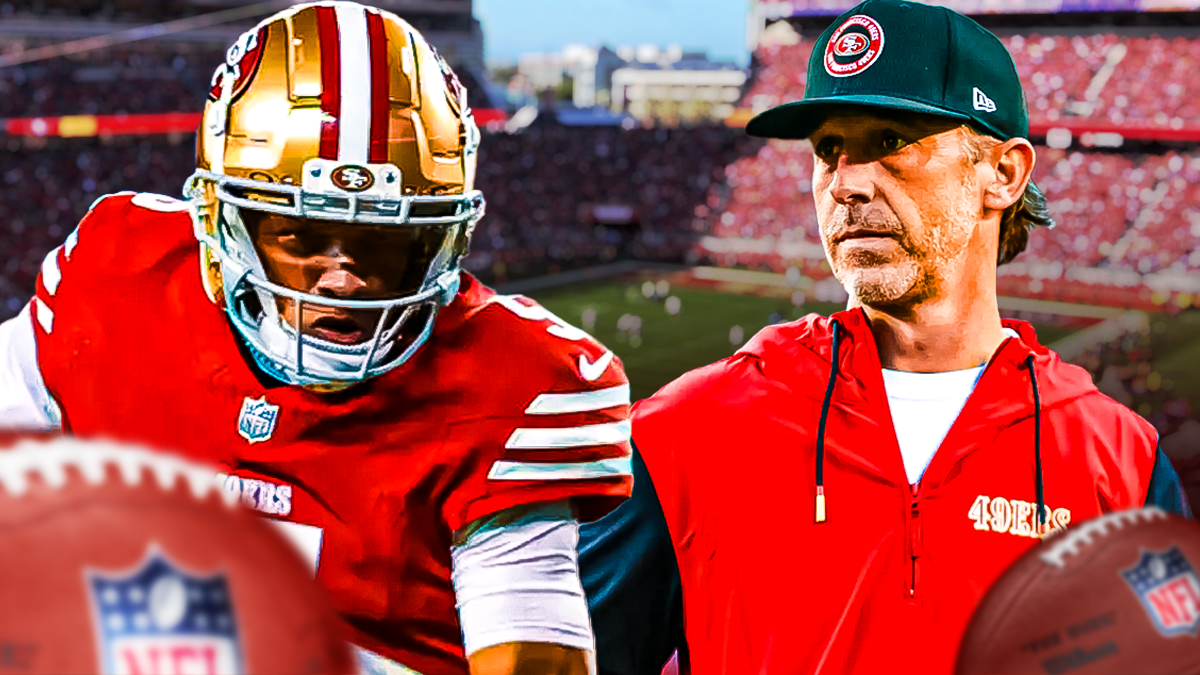 Josh Dobbs (49ers) next to Kyle Shanahan with the 49ers stadium as the background.