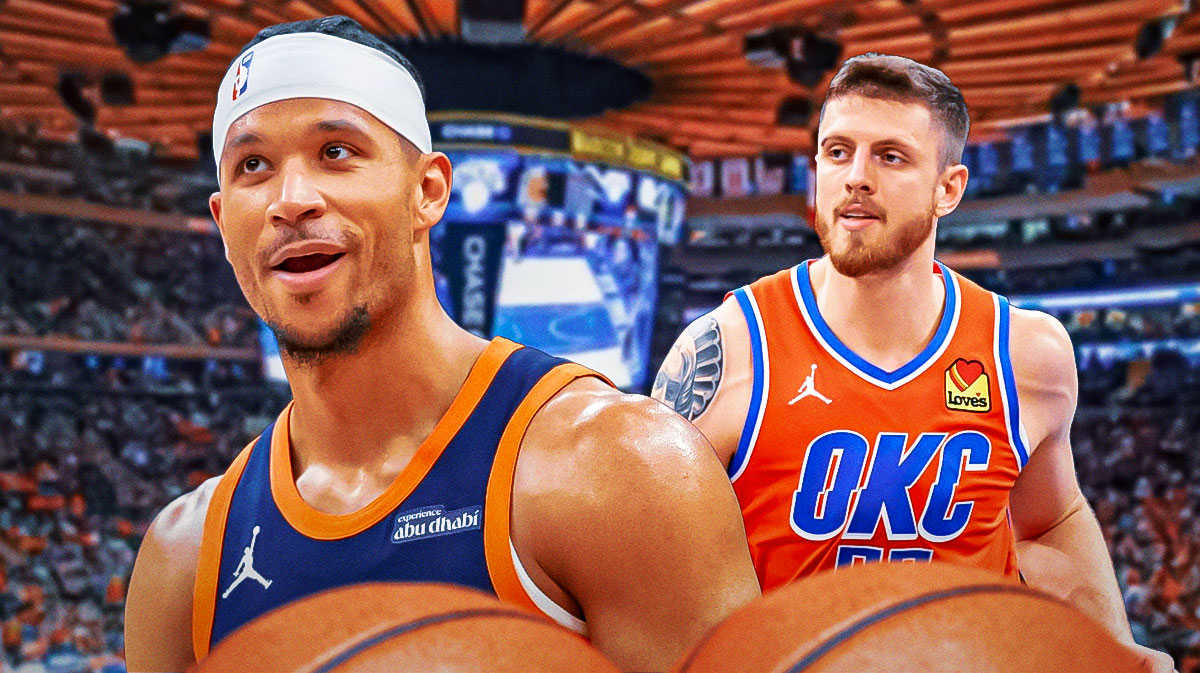 Josh Hart smiles at Isaiah Hartenstein. Hartenstein in Thunder jersey