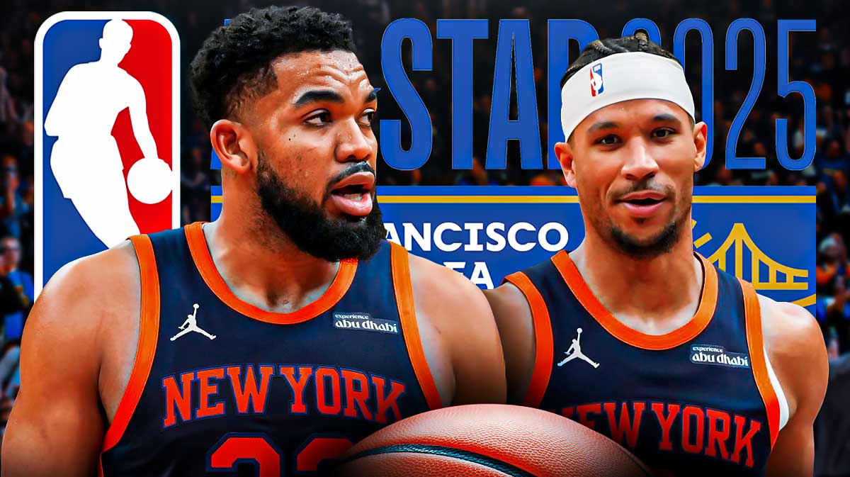 Knicks guard Josh Hart next to Knicks center Karl-Anthony Towns and the 2025 All-Star Game logo in the background