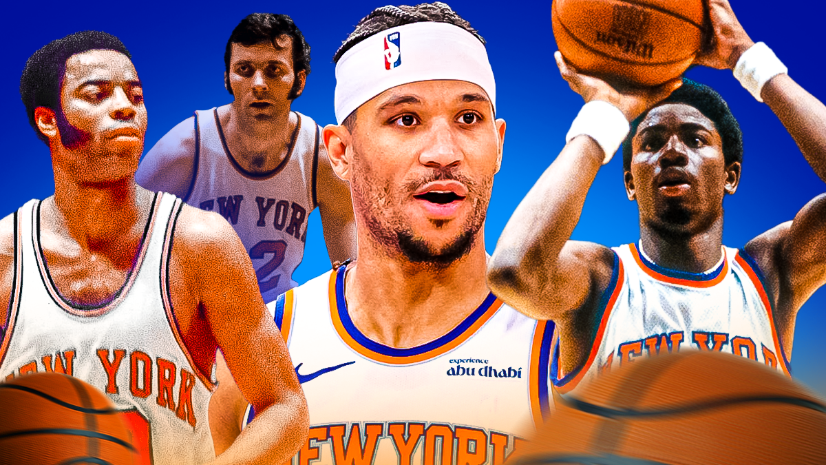 Knicks' Josh Hart in the middle, smiling, with 1969 Walt Frazier, 1972 Jerry Lucas, and 1981 Micheal Ray Richardson beside him