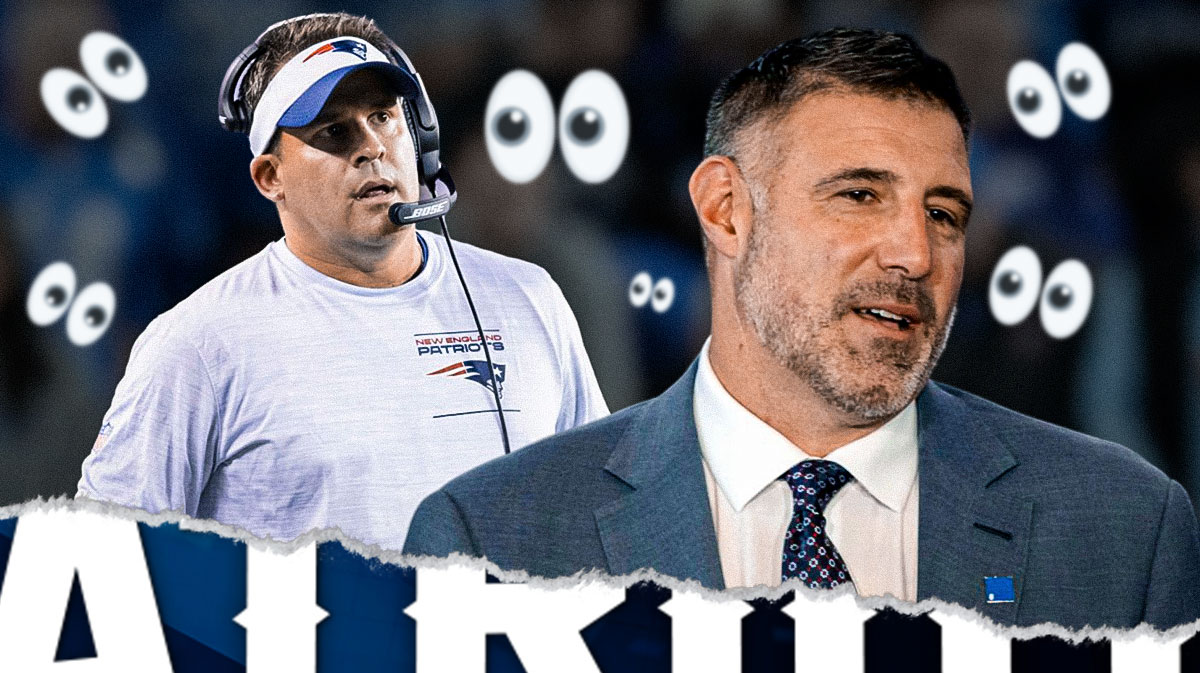 Josh McDaniels, Mike Vrabel, New England Patriots logo in background, eyes symbols surrounding McDaniels and Vrabel