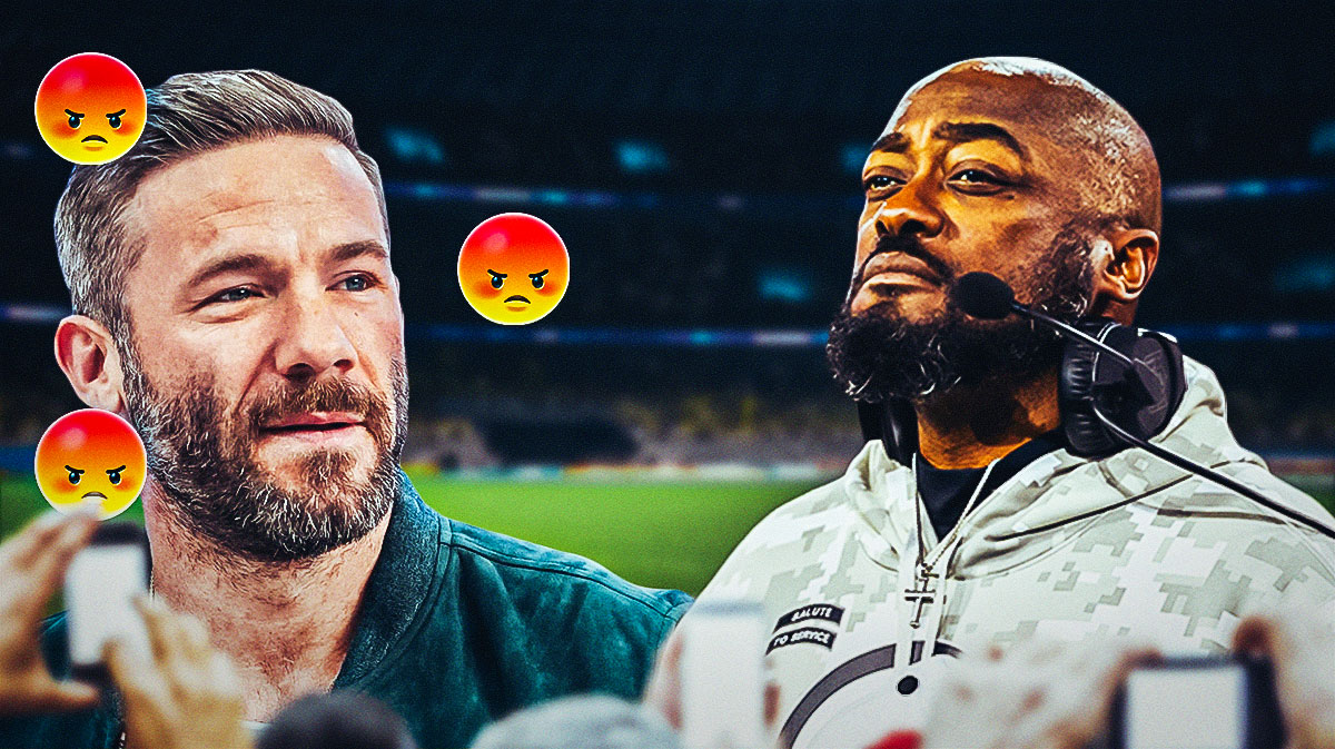 Julian Edelman in street clothes with angry emojis all around him. Mike Tomlin