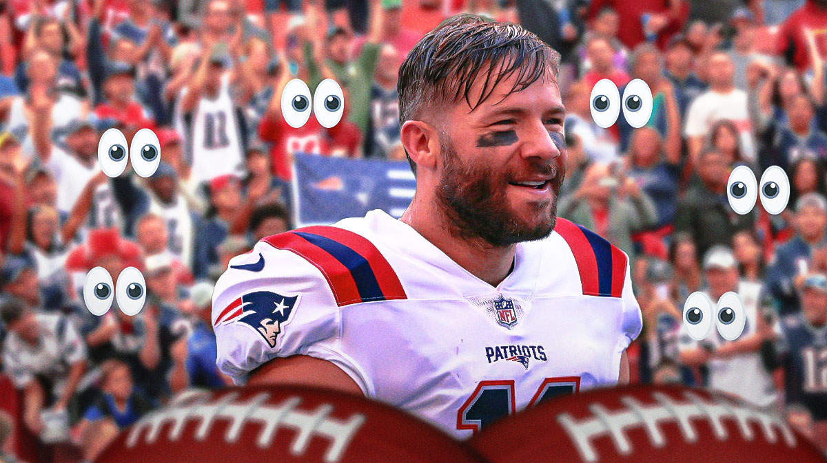 Julian Edelman on one side, a bunch of New England Patriots fans on one side with the big eyes emoji around them