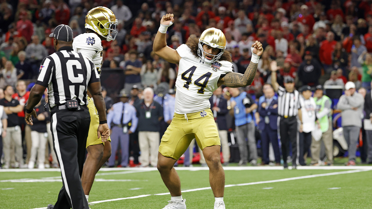 Jan 2, 2025; New Orleans, LA, USA; Notre Dame Fighting Irish defensive lineman Junior Tuihalamaka (44) celebrates after a sack against Georgia Bulldogs quarterback Gunner Stockton (14) during the second half at Caesars Superdome.