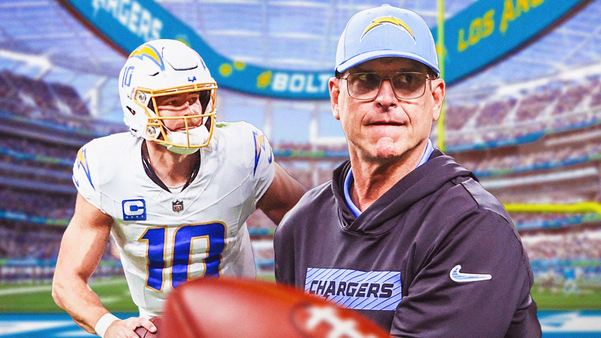Justin Herbert in a Los Angeles Chargers uniform with Chargers head coach Jim Harbaugh as the team prepares for the playoffs against the Texans.