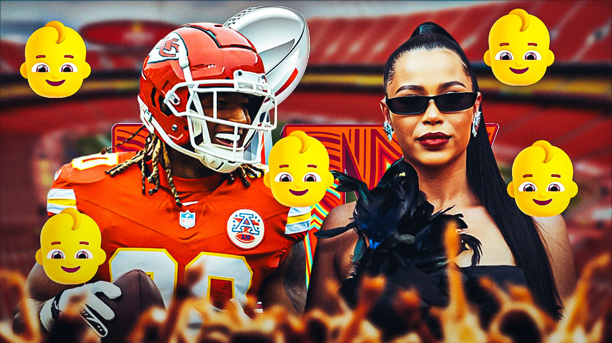 Kansas City Chiefs safety Justin Reid with girlfriend Marissa Rand. They are surrounded by baby emojis (👶) There is also logos for the Kansas City Chiefs and Super Bowl 59.