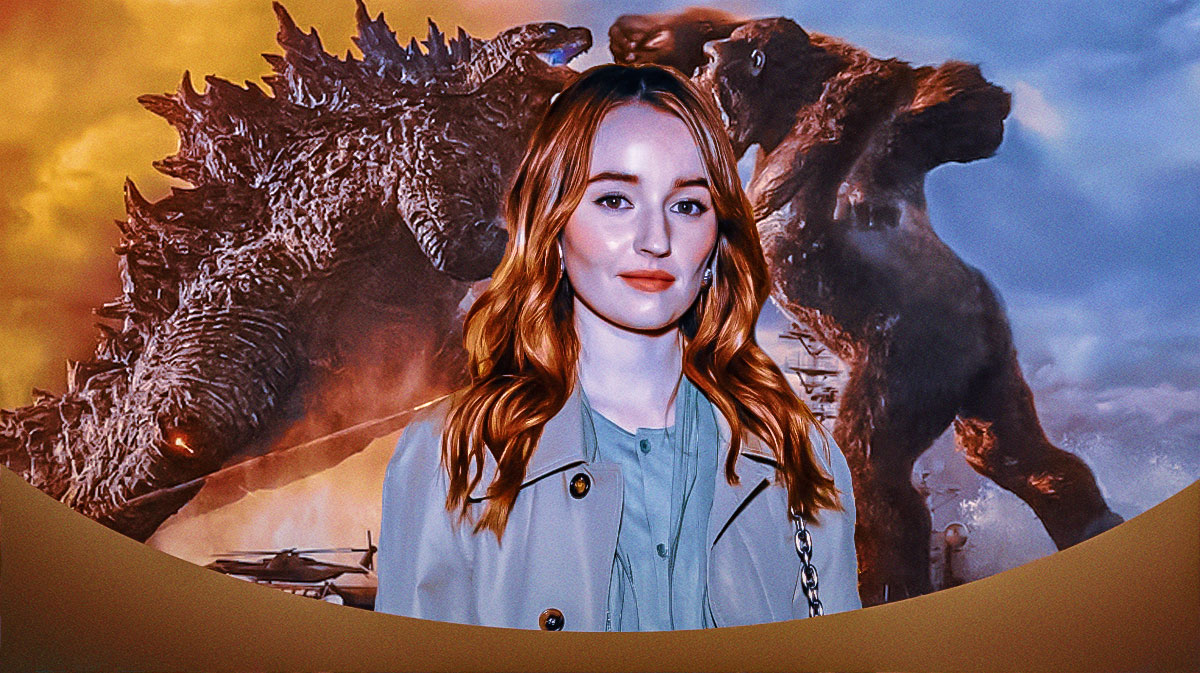 Kaitlyn Dever in front of Godzilla and King Kong.