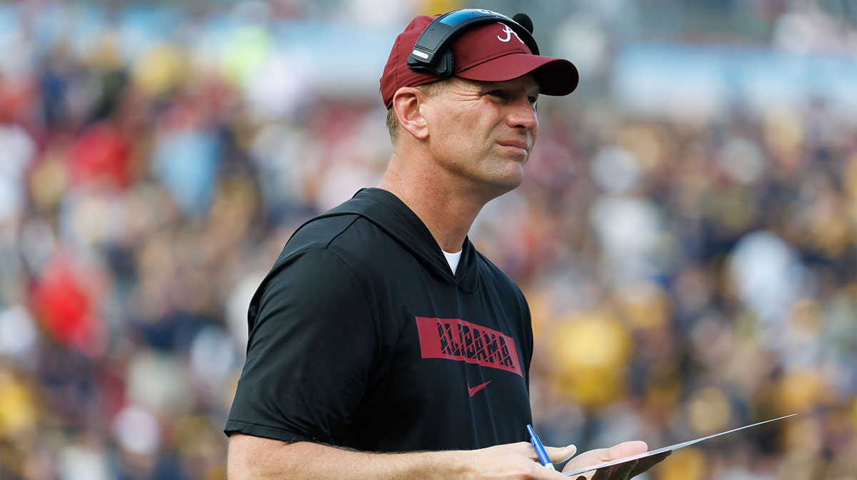 Alabama Crimson Tide head coach Kalen DeBoer looks on against the Michigan Wolverines during the first half at Raymond James Stadium.