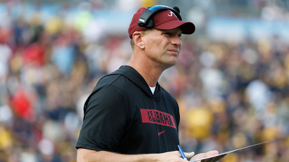 Alabama Crimson Tide head coach Kalen DeBoer looks on against the Michigan Wolverines during the first half at Raymond James Stadium.