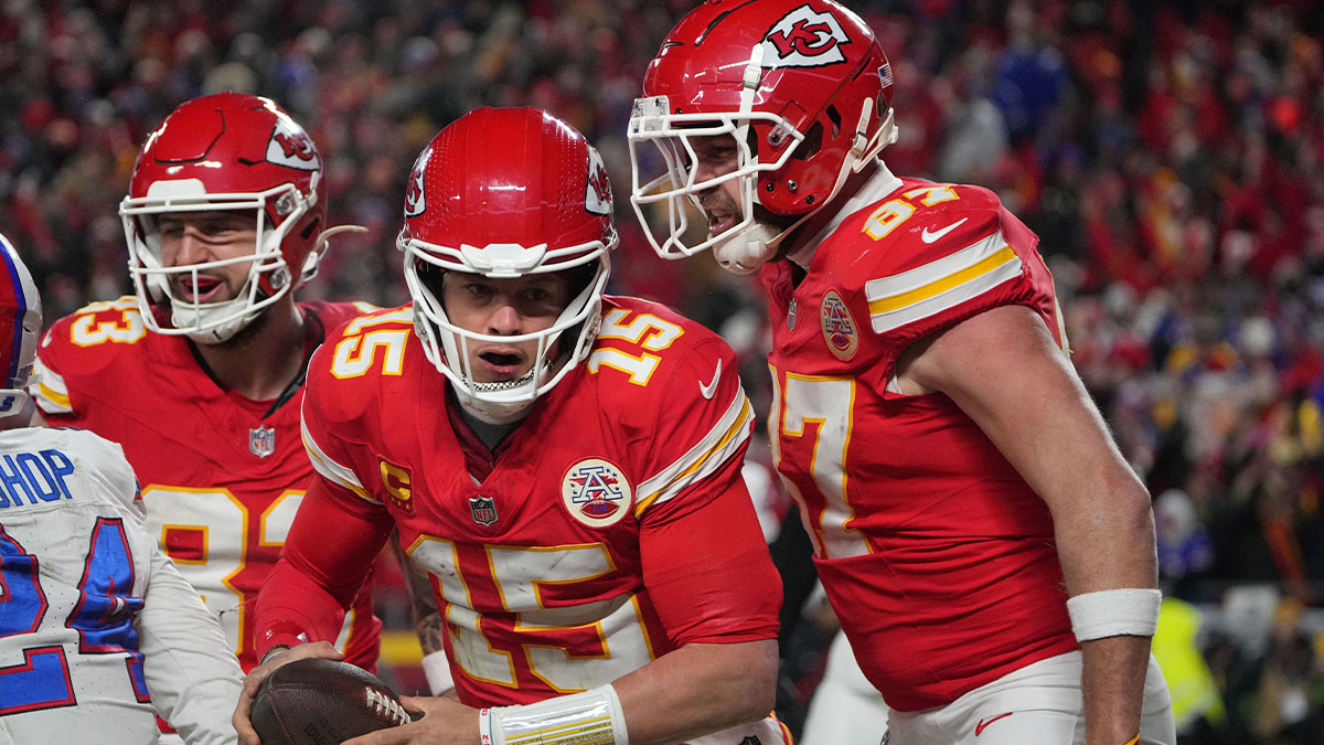 Kansas City Chiefs quarterback Patrick Mahomes (15) reacts after scoring a touchdown against the Buffalo Bills during the second half in the AFC Championship game at GEHA Field at Arrowhead Stadium.