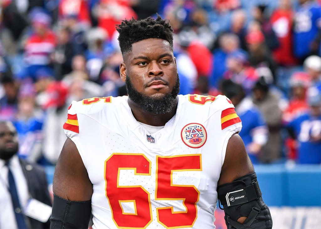Kansas City Chiefs guard Trey Smith (65) leaves the field after warm ups before a game against the Buffalo Bills at Highmark Stadium.