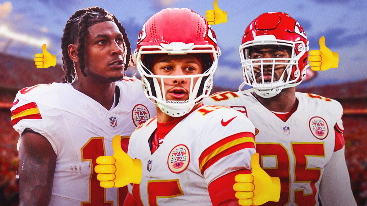 Patrick Mahomes, Isiah Pacheco and Chris Jones in Kansas City Chiefs uniforms with thumbs up emojis around them as they're cleared from the injury report.