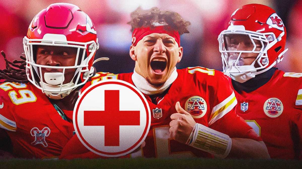 Patrick Mahomes, Kareem Hunt and Bryan Cook in Kansas City Chiefs uniforms with a red and white first aid symbol indicating injury.