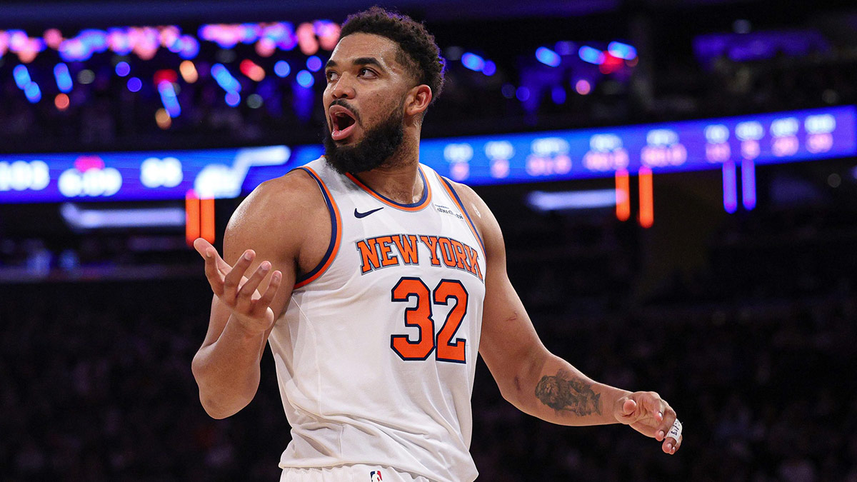 New York Knicks center Karl-Anthony Towns (32) reacts during the second half against the Utah Jazz at Madison Square Garden. 