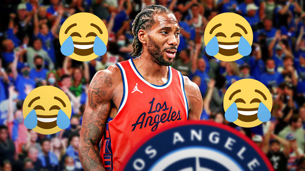 Kawhi Leonard with laughing emojis around the picture.