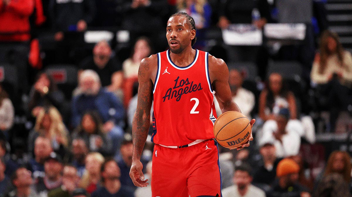 Los Angeles Clippers forward Kawhi Leonard (2) dribbles the ball against the Atlanta Hawks during the second quarter at Intuit Dome.