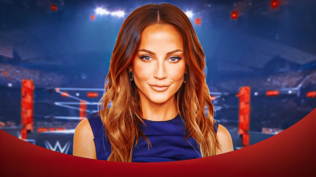 Kay Adams, who attended WWE Monday Night RAW's premiere on Netflix, with wrestling ring background.