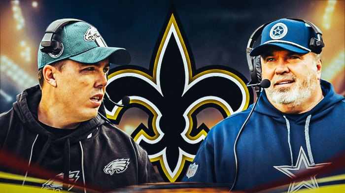 The New Orleans Saints logo in the middle, Kellen Moore on one side, Mike McCarthy on the other side