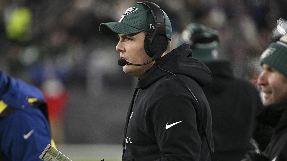 Philadelphia Eagles offensive coordinator Kellen Moore on the sidelines during the first half against the Baltimore Ravens at M&T Bank Stadium.