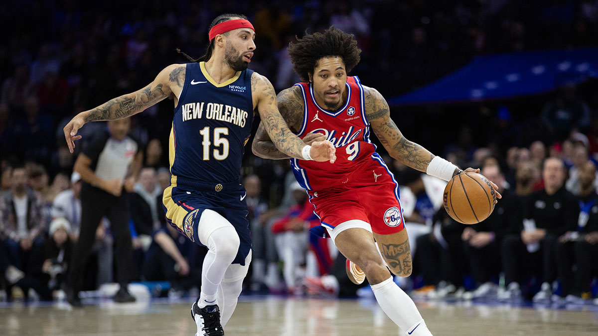 Philadelphia 76ers guard Kelly Oubre Jr. (9) dribbles the ball against New Orleans Pelicans guard Jose Alvarado (15) during the second quarter at Wells Fargo Center.