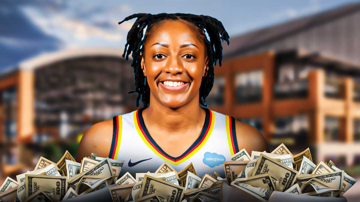 Kelsey Mitchell with money bags around her, and a background of the Fever's home arena.