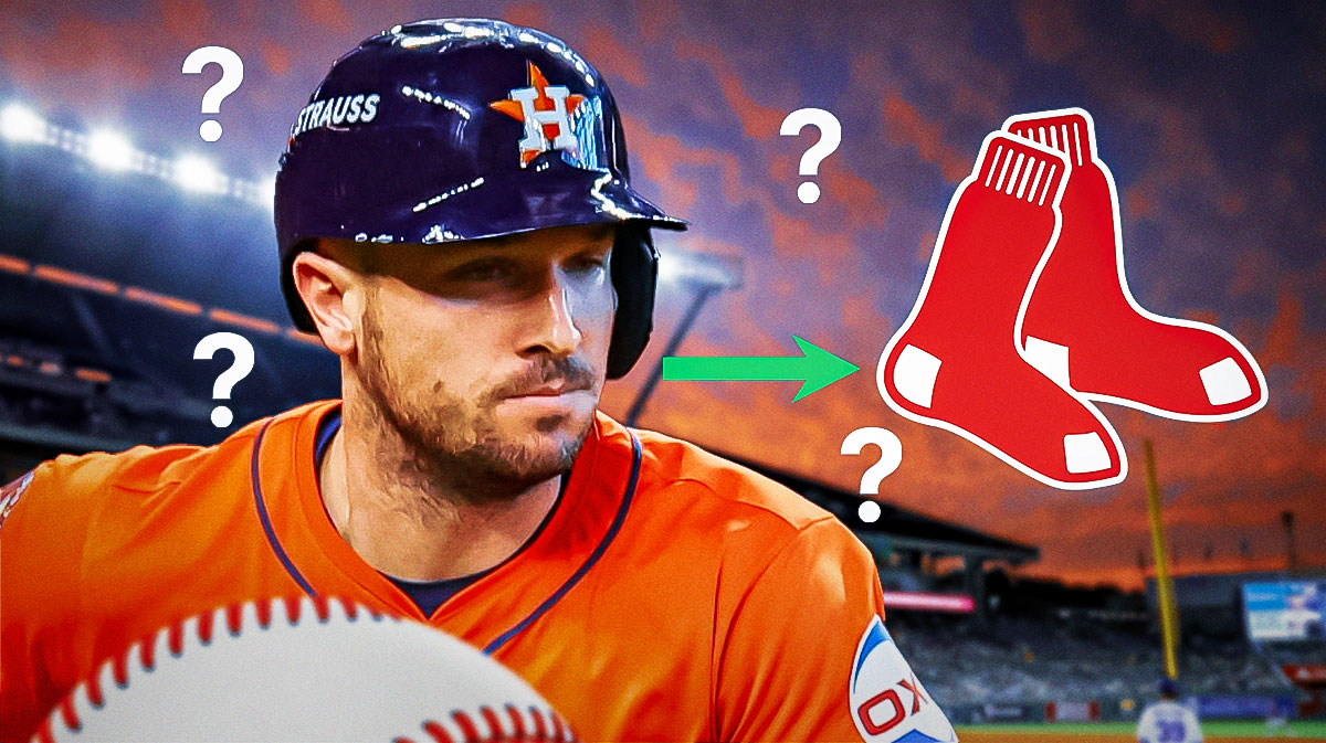 Alex Bregman on left. Red Sox logo on right. Arrow pointing from Bregman to logo. question marks surrounding