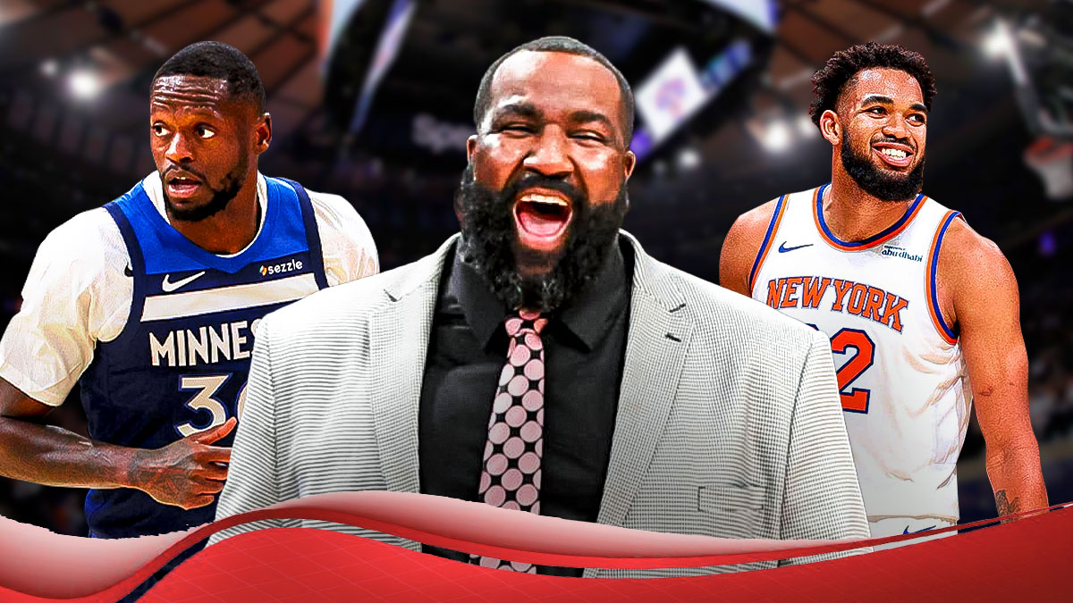 Kendrick Perkins looking angry, with Timberwolves' Julius Randle looking sad and Knicks' Karl-Anthony Towns smiling
