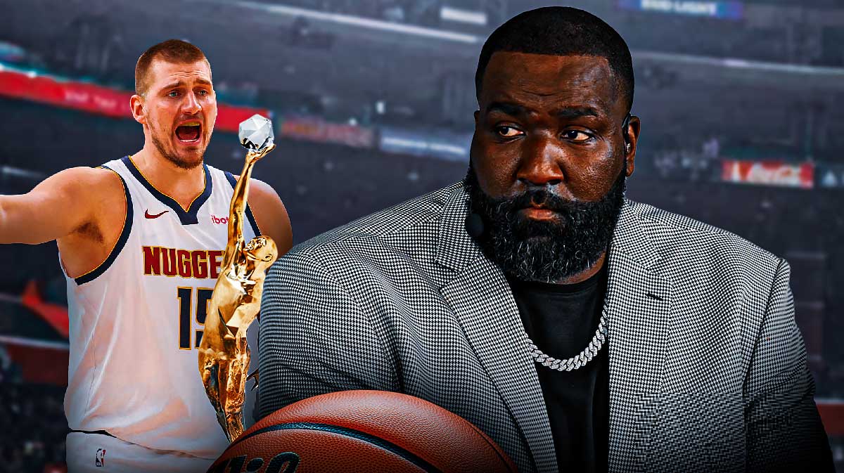 ESPN analyst Kendrick Perkins next to Nuggets center Nikola Jokic and the MVP award in the background