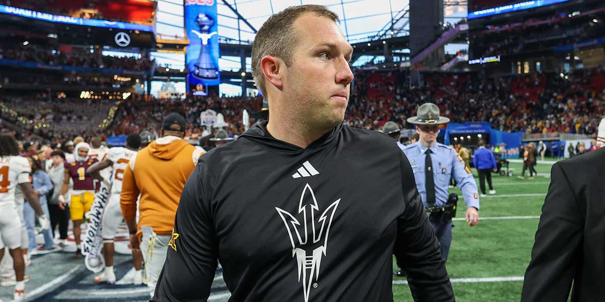 Arizona State Sun Devils head coach Kenny Dillingham walks off the field after a loss to the Texas Longhorns in the Peach Bowl at Mercedes-Benz Stadium.