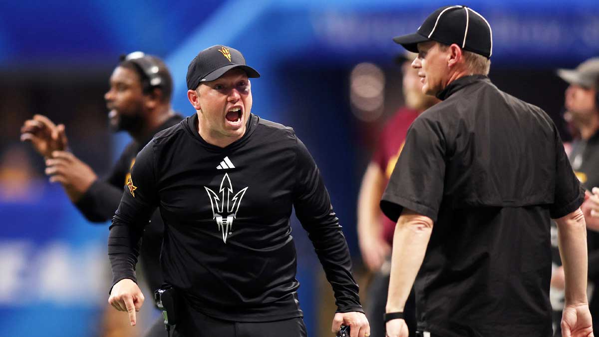 Arizona State Sun Devils head coach Kenny Dillingham reacts after a call during the first half of the Peach Bowl at Mercedes-Benz Stadium.