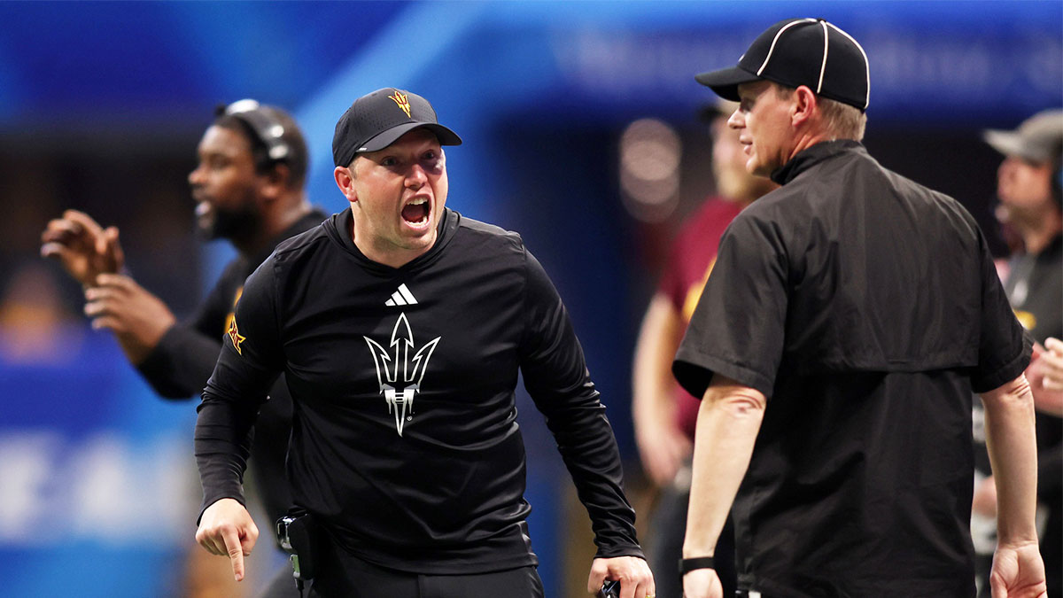 Arizona State Sun Devils head coach Kenny Dillingham reacts after a call during the first half of the Peach Bowl at Mercedes-Benz Stadium.