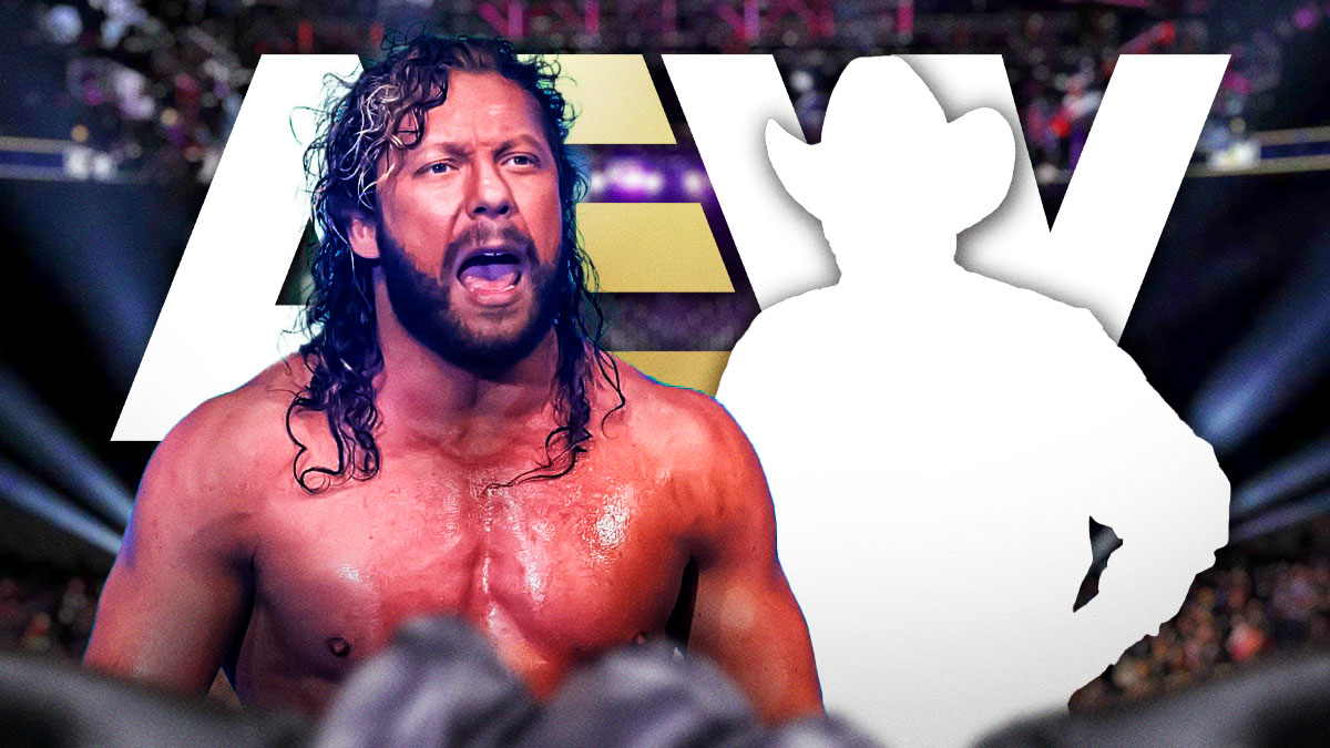 Kenny Omega next to the blacked-out silhouette of Jim Ross with the AEW logo as the background.