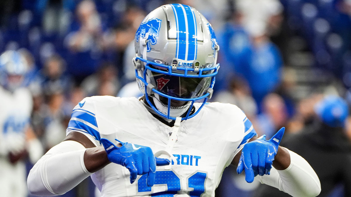 Detroit Lions safety Kerby Joseph (31) warms up before the game between Indianapolis Colts and Detroit Lions at Lucas Oil Stadium on Sunday, Nov. 24, 2024.