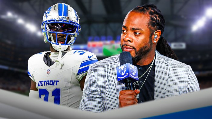 Kerby Joseph in a Detroit Lions uniform with Richard Sherman looking unhappy as Joseph didn't make the Pro Bowl while the Lions sent seven players.