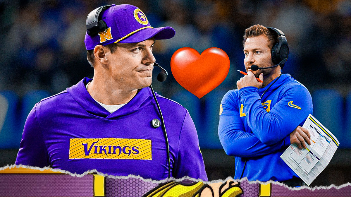 Minnesota Vikings coach Kevin O'Connell looking sad on the left, Las Angeles Rams coach Sean McVay on right with a big heart between both. Background is State Farm Stadium.