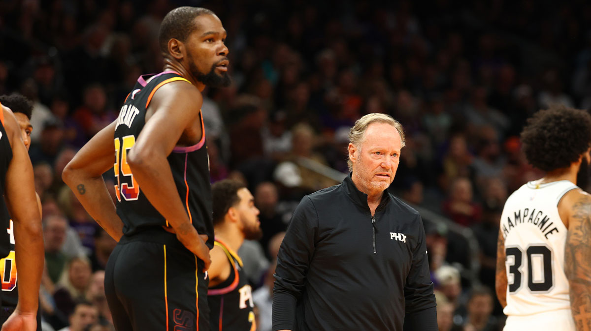 Phoenix Suns Chief Coach Mike Mike Budenholzer with Kevin Durant against San Antonio Spurs during NBA Cup game in the footprint center. 