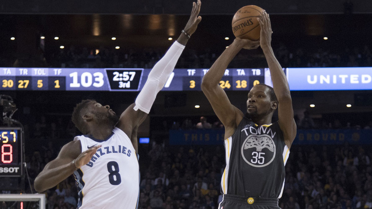 Golden State Warriors forward Kevin Durant (35) shoots the basketball against Memphis Grizzlies forward James Ennis III (8) during the third quarter at Oracle Arena. The Warriors defeated the Grizzlies 141-128.