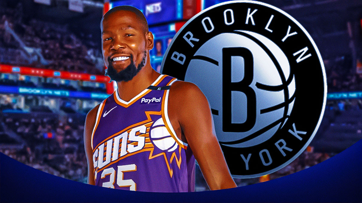 Kevin Durant smiling on one side with a Nets logo on the other