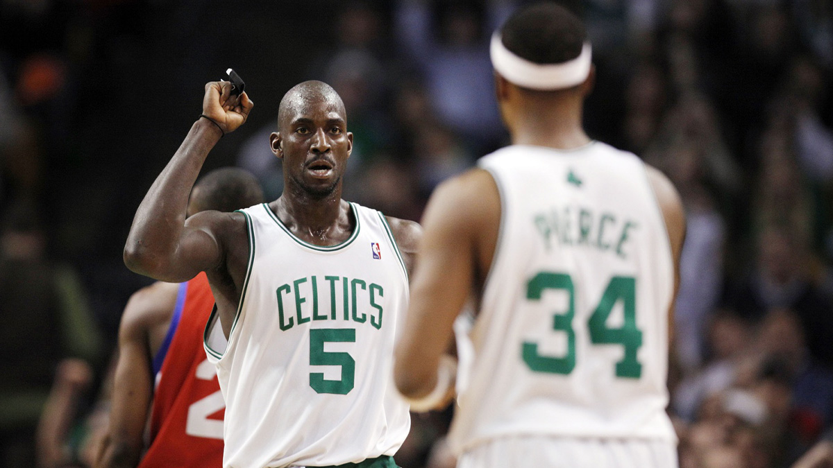 Boston Celtics forward Kevin Garnett (5) reacts to a play as they take on the Philadelphia 76ers during the second half at the TD Banknorth Garden. Philadelphia defeated Boston 98-97.