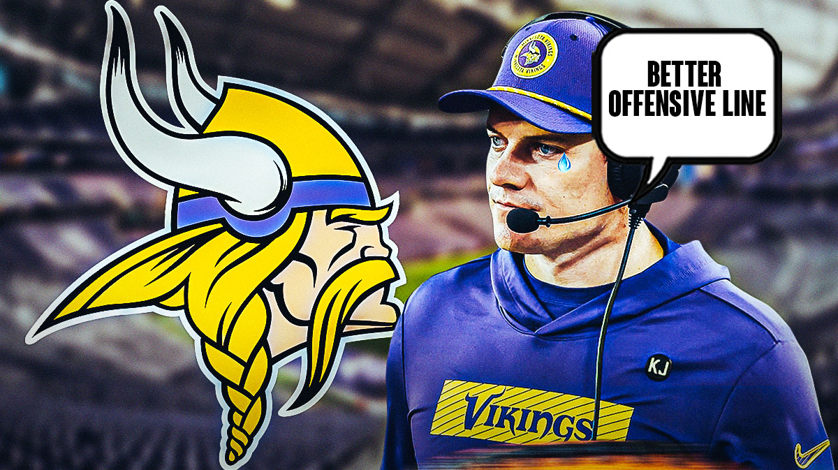 Vikings head coach Kevin O’Connell with a thought bubble that says “Better offensive line” with the Vikings logo next to him that has a tear emoji running down the side of it.