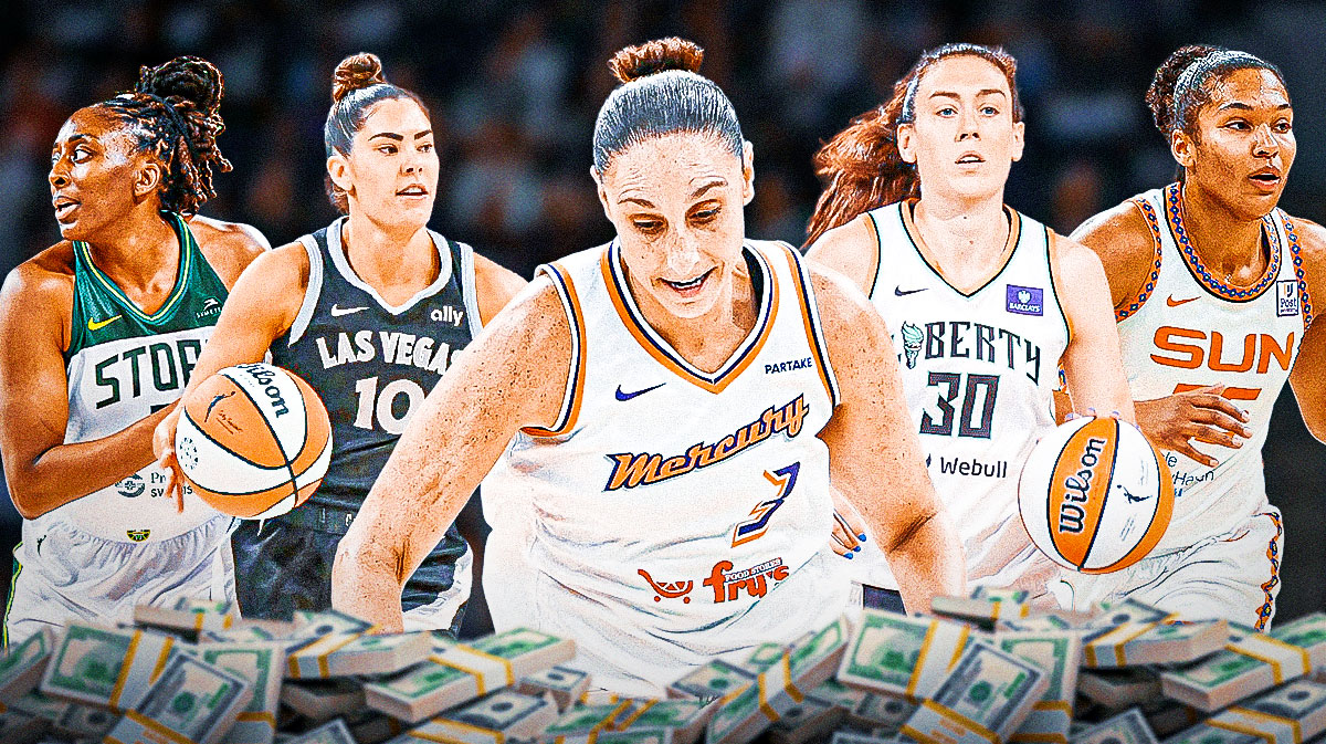 Diana Taurasi, Alyssa Thomas, Breanna Stewart, Kelsey Plum, Nneka Ogwumike all together with money all around the graphic.