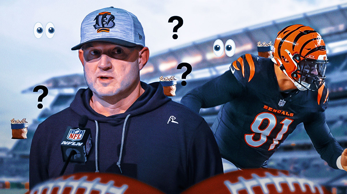 Bengals exec Duke Tobin next to Bengals EDGE Trey Hendrickson looking upset. 💰, 👀, and ❓ emojis scattered throughout background. Background is Paycor Stadium.