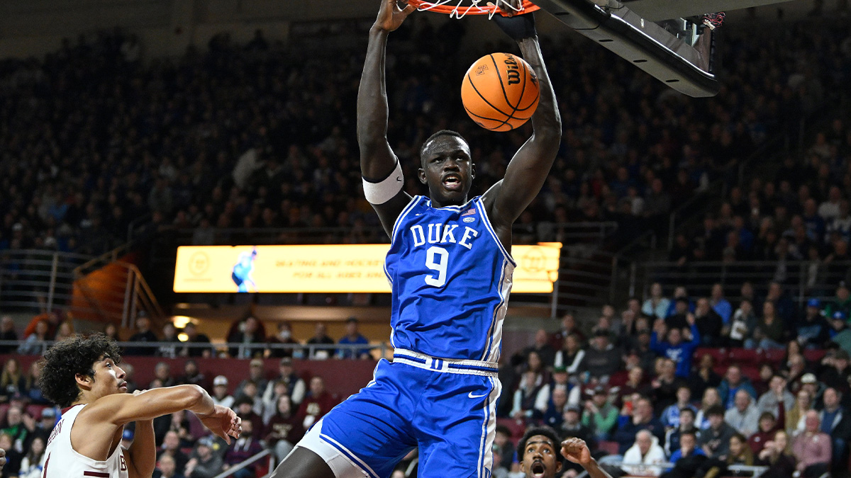 Duke Blue Devils center Khaman Maluach (9) dunks the ball against the Boston College Eagles during the first half at Conte Forum.