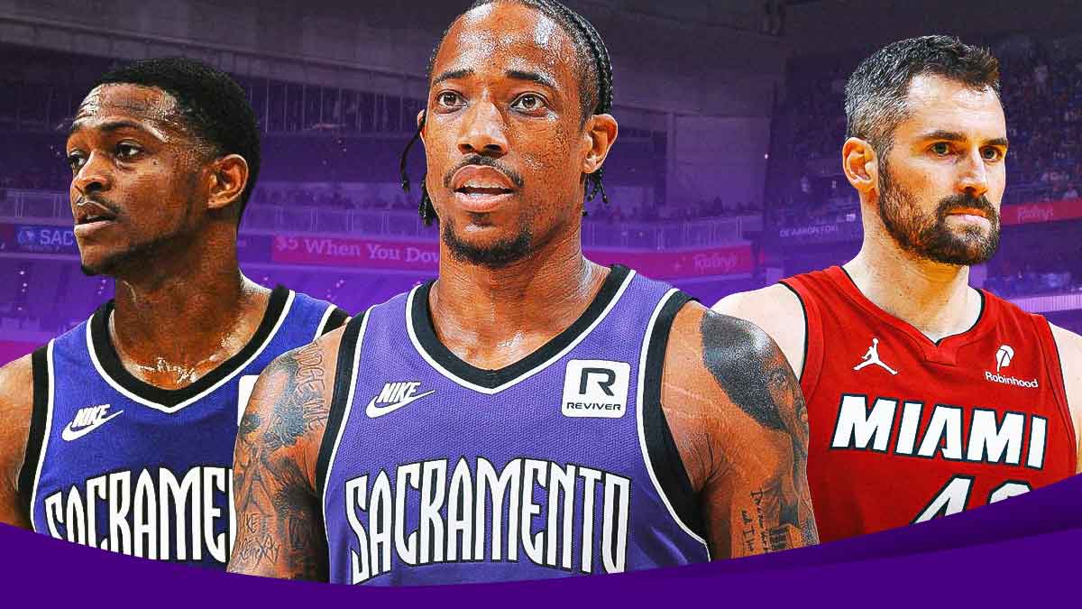 Kings forward DeMar DeRozan next to Kings guard De'Aaron Fox with Heat center Kevin Love in the background