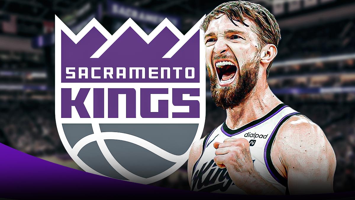 Sacramento Kings player Domantas Sabonis with the Kings logo in the background, Celtics