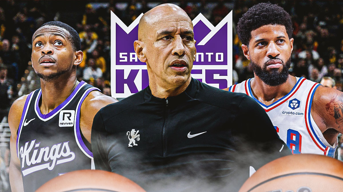 Kings coach Doug Christie after replacing Mike Brown next to Kings guard De'Aaron Fox and 76ers forward Paul George with the Kings logo in the background