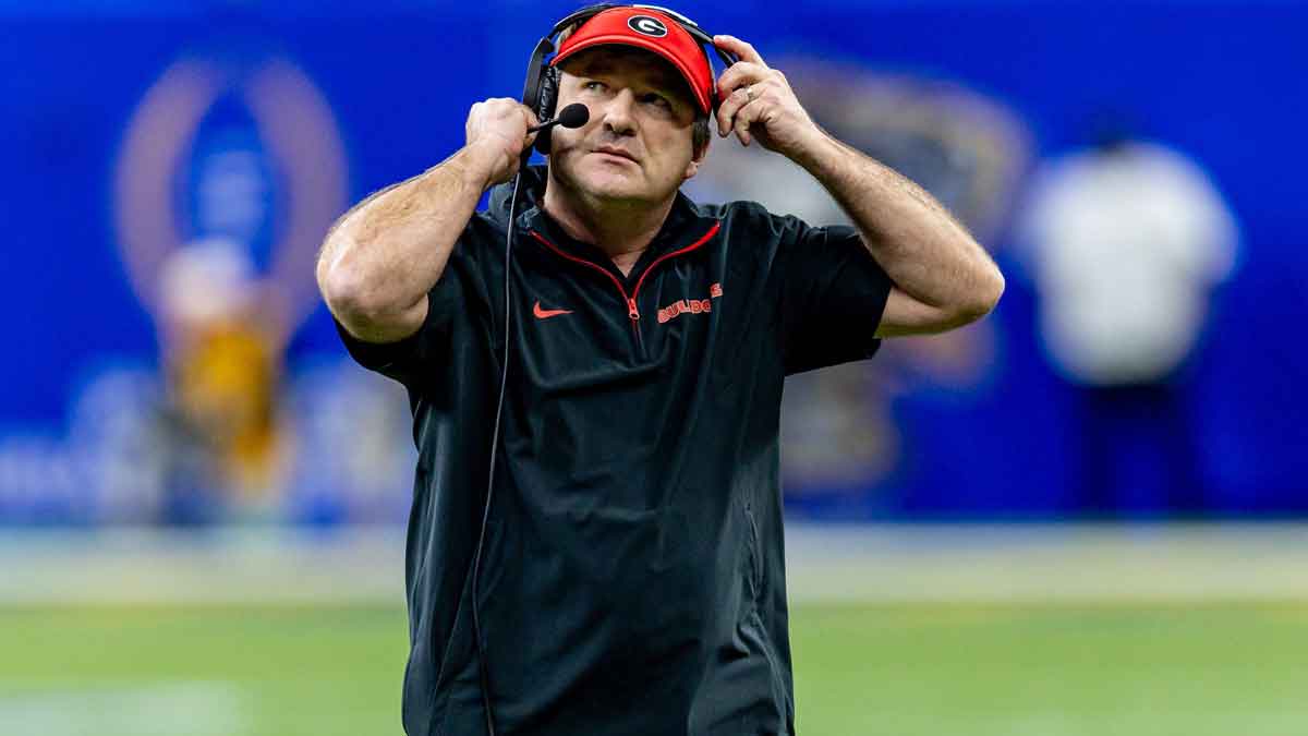Jan 2, 2025; New Orleans, LA, USA; Georgia Bulldogs head coach Kirby Smart looks on against the Notre Dame Fighting Irish during the first half at Caesars Superdome. Mandatory Credit: Stephen Lew-Imagn Images